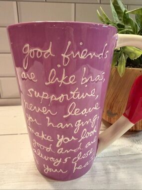 Purple Ceramic Mug with Red-Accent Handle and Script Message